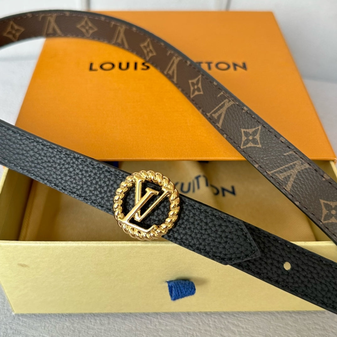 LV Circle Nautical 20mm Reversible Belt Gold Buckle Black Brown Leather - 30