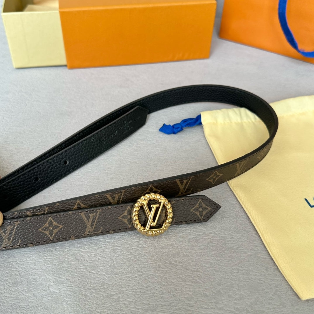 LV Circle Nautical 20mm Reversible Belt Gold Buckle Black Brown Leather - 30
