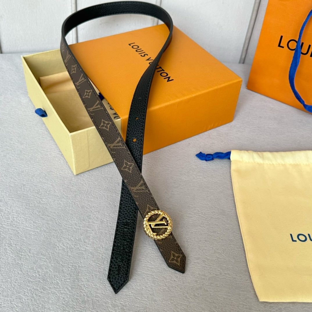 LV Circle Nautical 20mm Reversible Belt Gold Buckle Black Brown Leather - 30