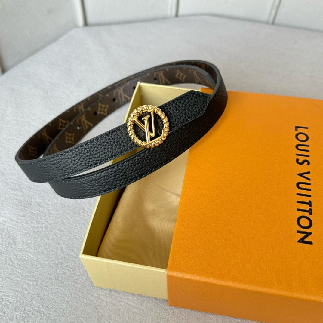 LV Circle Nautical 20mm Reversible Belt Gold Buckle Black Brown Leather - 30
