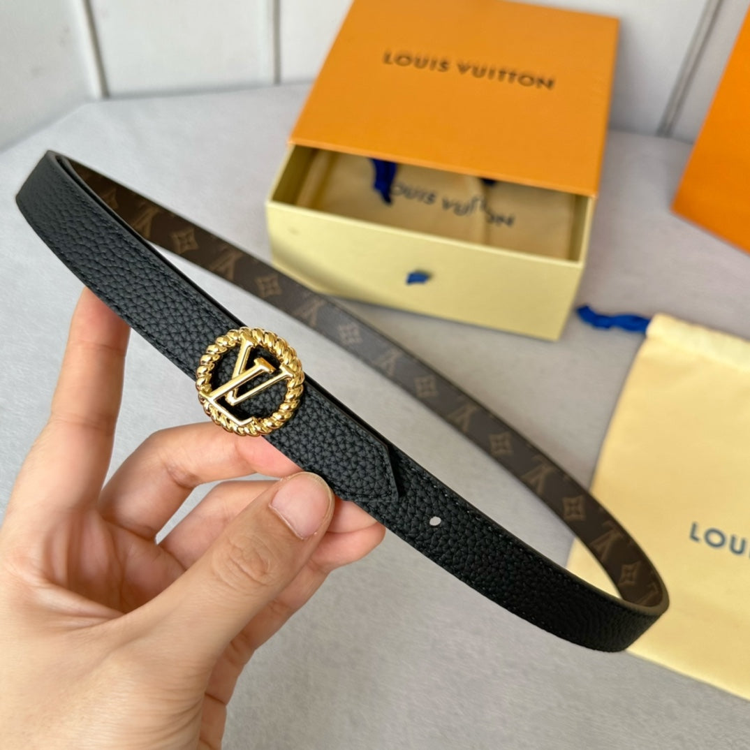 LV Circle Nautical 20mm Reversible Belt Gold Buckle Black Brown Leather - 30