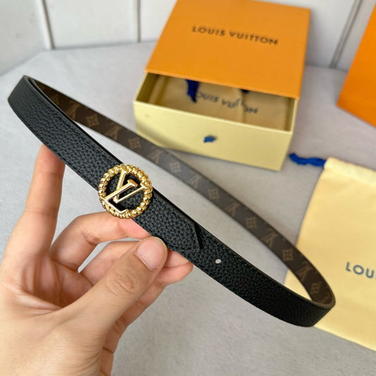 LV Circle Nautical 20mm Reversible Belt Gold Buckle Black Brown Leather - 30