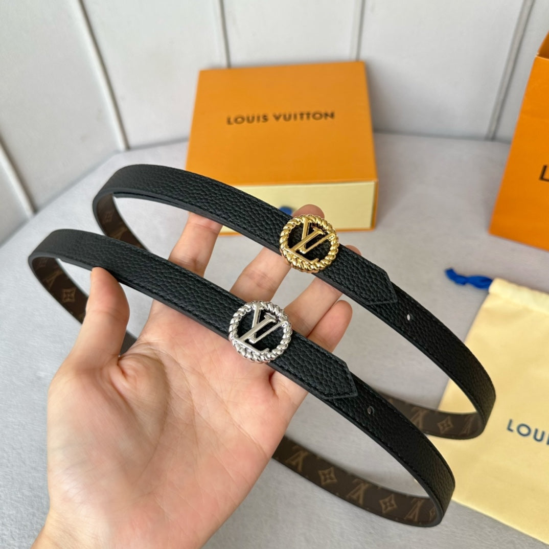 LV Circle Nautical 20mm Reversible Belt Gold Buckle Black Brown Leather - 30