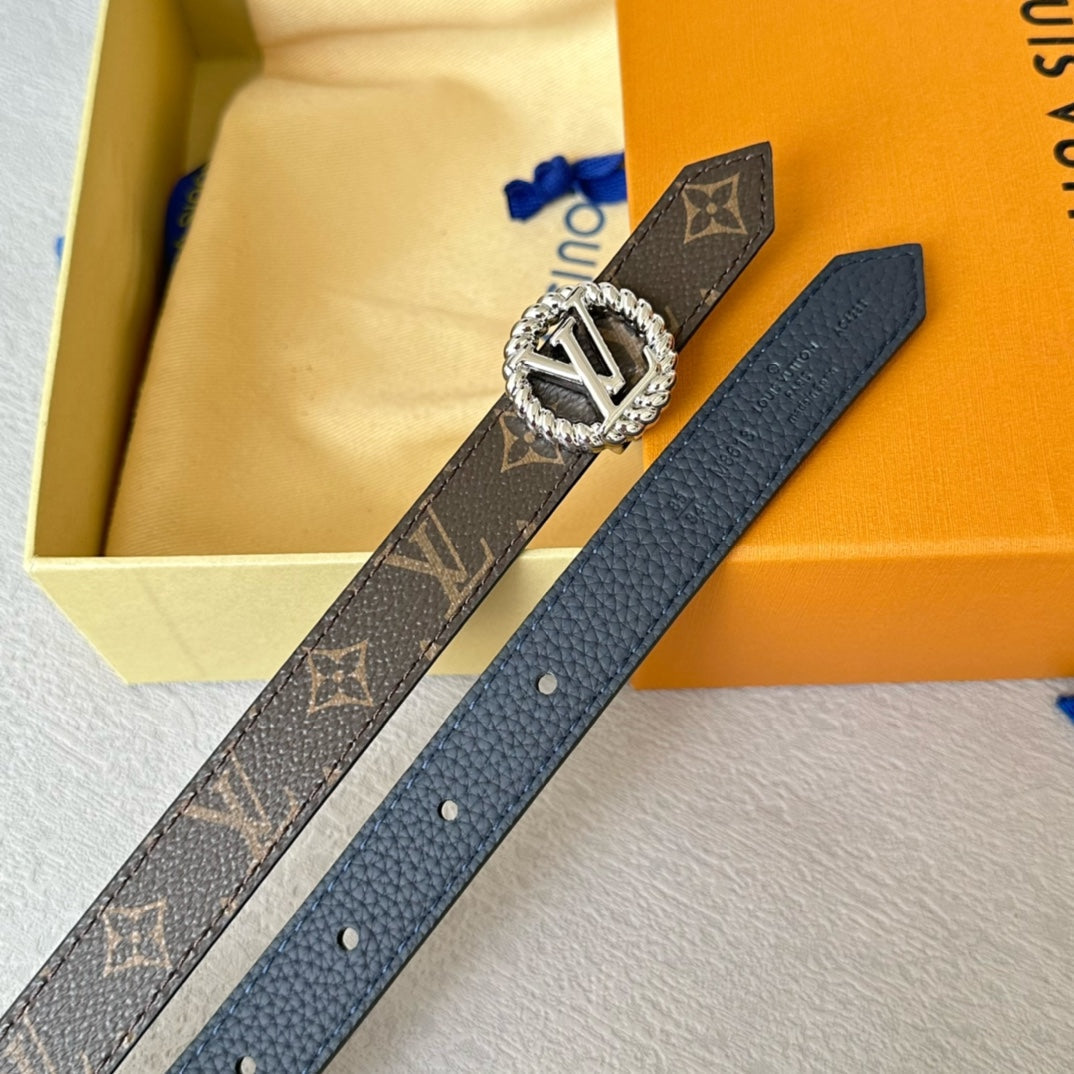 LV Circle Nautical 20mm Reversible Belt Silver Buckle Navy Blue Brown Leather - 30