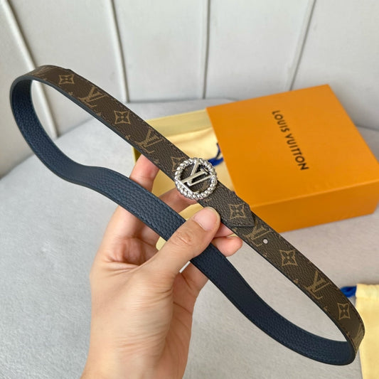 LV Circle Nautical 20mm Reversible Belt Silver Buckle Navy Blue Brown Leather - 30