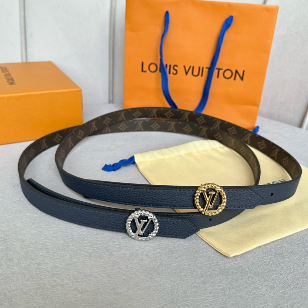 LV Circle Nautical 20mm Reversible Belt Silver Buckle Navy Blue Brown Leather - 30