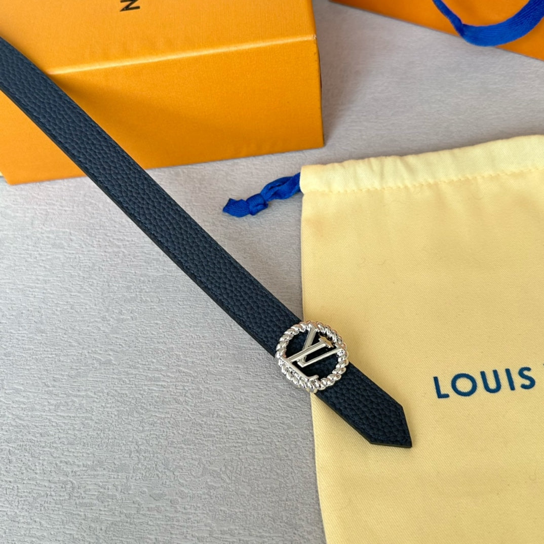 LV Circle Nautical 20mm Reversible Belt Silver Buckle Navy Blue Brown Leather - 30