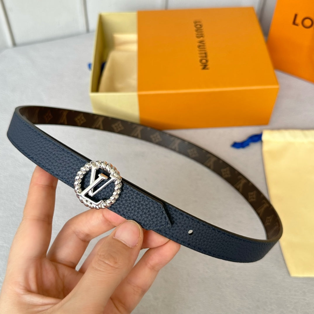 LV Circle Nautical 20mm Reversible Belt Silver Buckle Navy Blue Brown Leather - 30