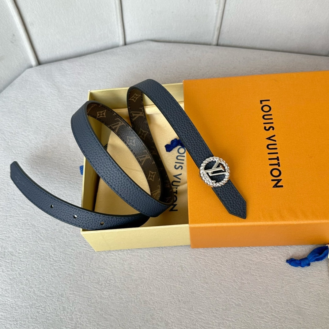 LV Circle Nautical 20mm Reversible Belt Silver Buckle Navy Blue Brown Leather - 30