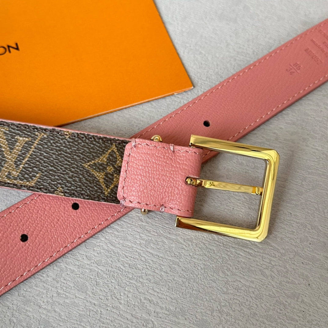 LV Bloom 30mm Belt Gold Buckle Pink Brown Leather - 30
