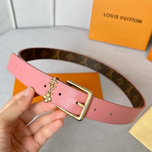 LV Bloom 30mm Belt Gold Buckle Pink Brown Leather - 30