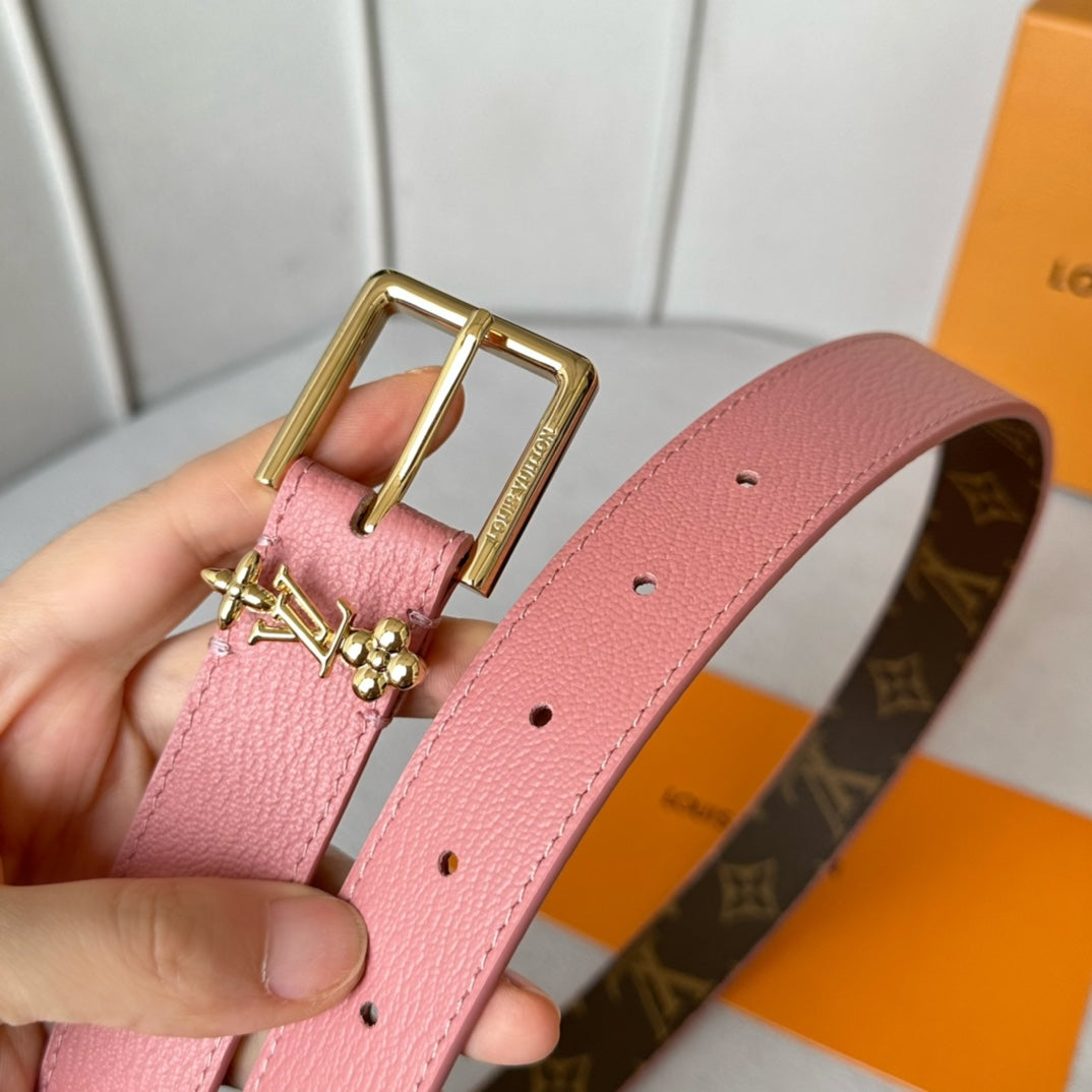 LV Bloom 30mm Belt Gold Buckle Pink Brown Leather - 30