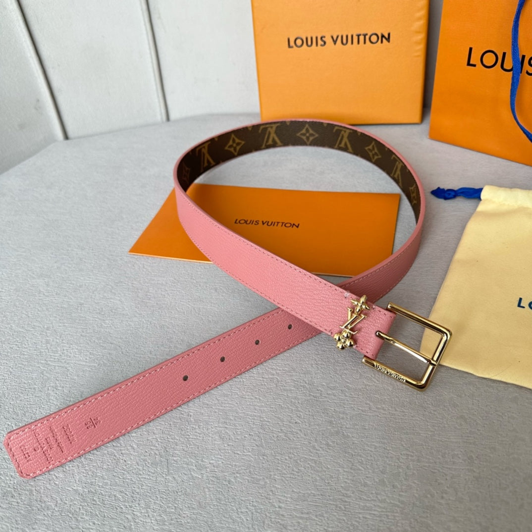 LV Bloom 30mm Belt Gold Buckle Pink Brown Leather - 30
