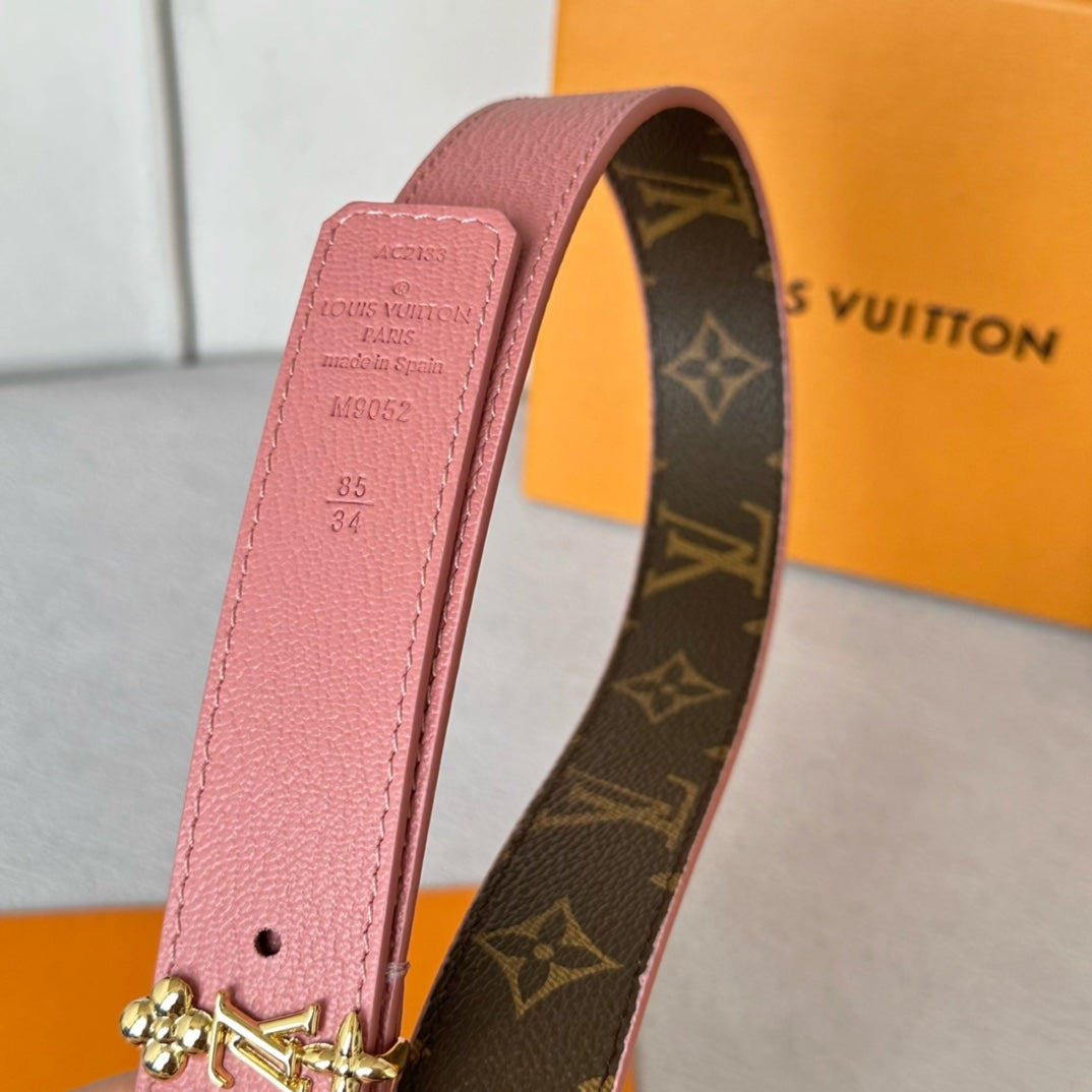 LV Bloom 30mm Belt Gold Buckle Pink Brown Leather - 30