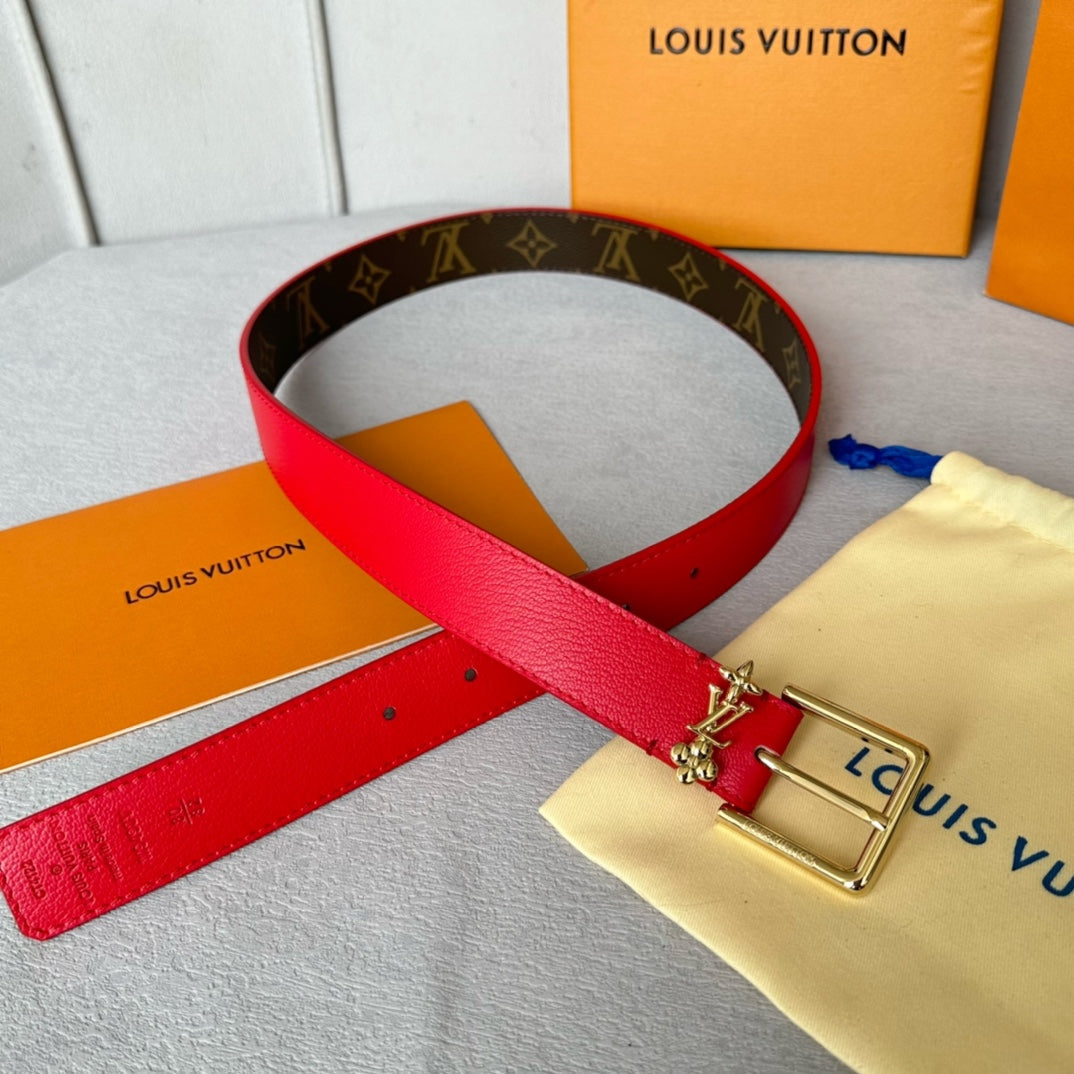 LV Bloom 30mm Belt Gold Buckle Red Brown Leather - 30