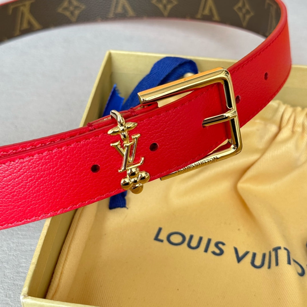 LV Bloom 30mm Belt Gold Buckle Red Brown Leather - 30