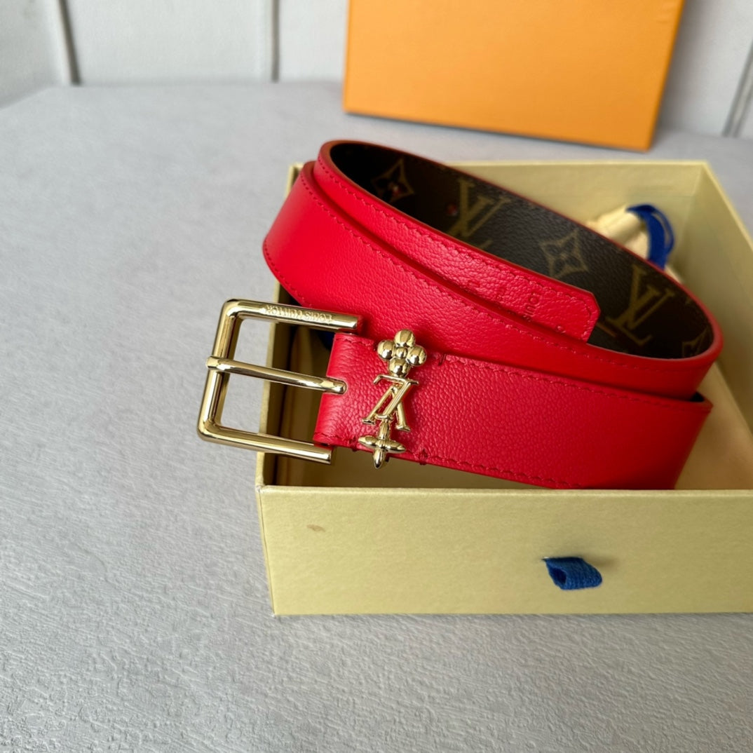 LV Bloom 30mm Belt Gold Buckle Red Brown Leather - 30