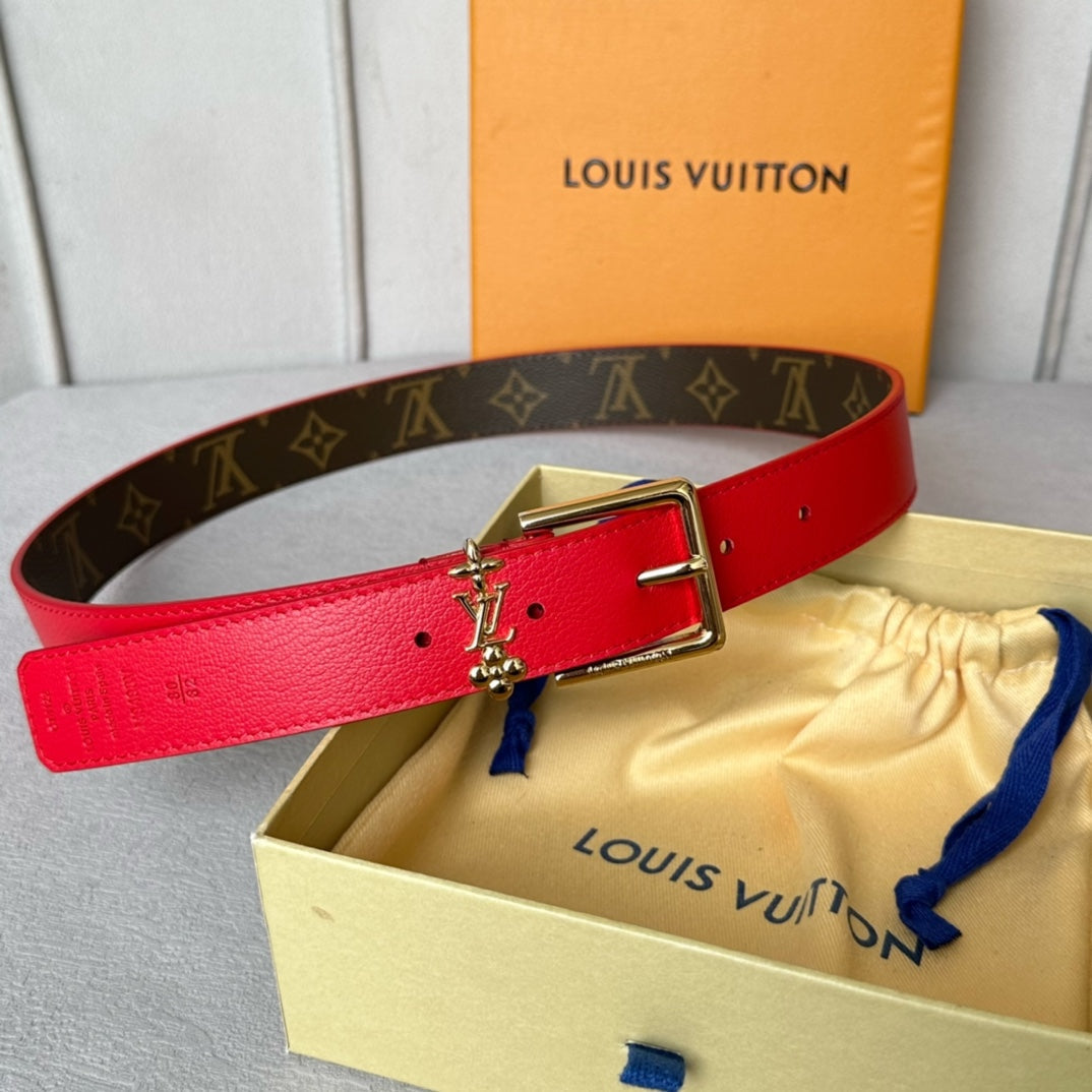 LV Bloom 30mm Belt Gold Buckle Red Brown Leather - 30