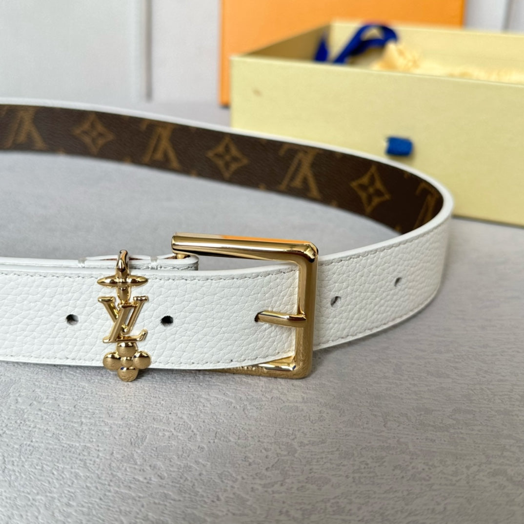 LV Bloom 30mm Belt Gold Buckle White Brown Leather - 30
