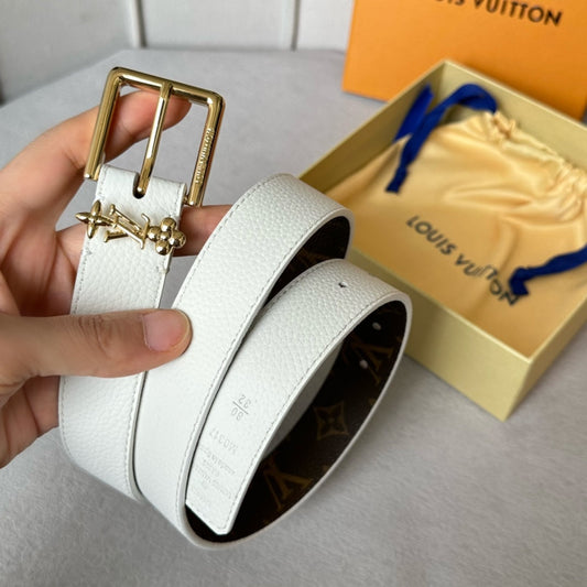 LV Bloom 30mm Belt Gold Buckle White Brown Leather - 30