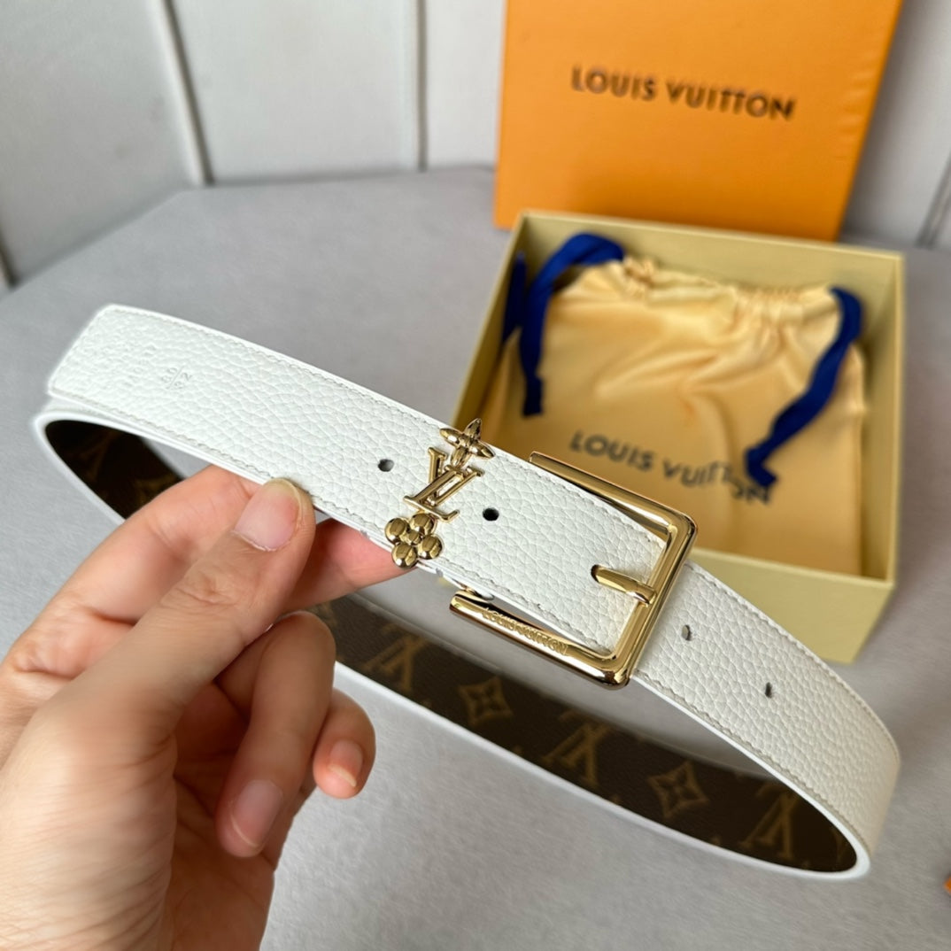 LV Bloom 30mm Belt Gold Buckle White Brown Leather - 30