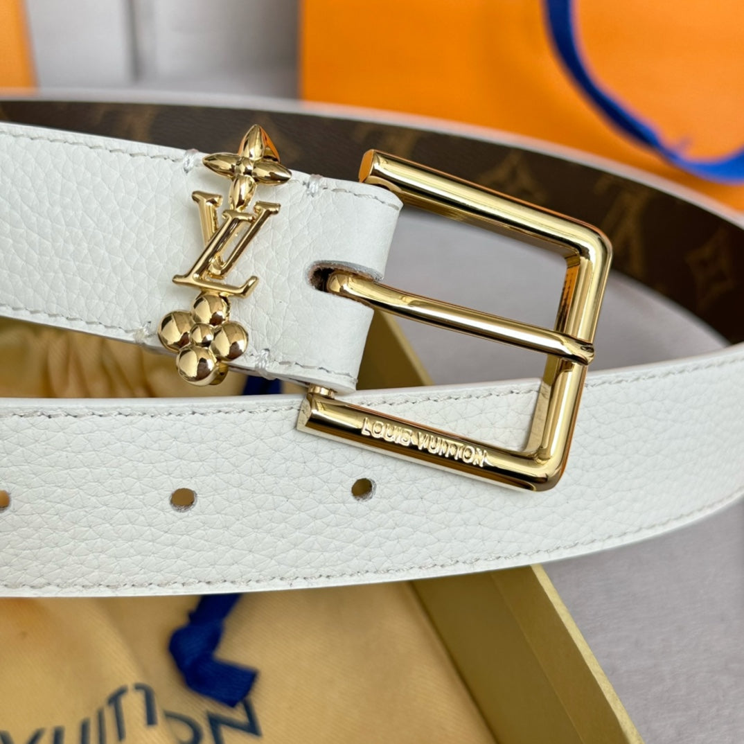 LV Bloom 30mm Belt Gold Buckle White Brown Leather - 30