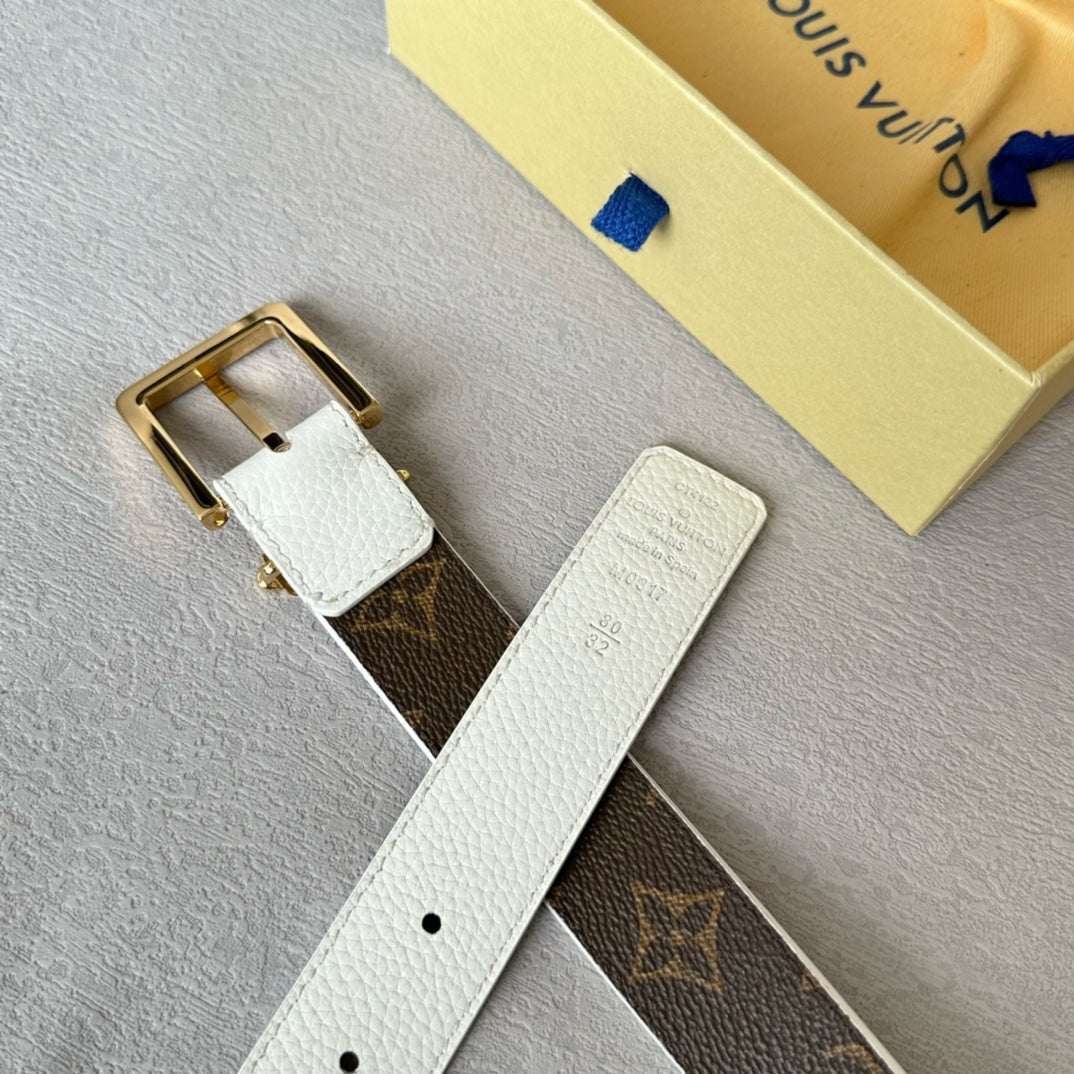 LV Bloom 30mm Belt Gold Buckle White Brown Leather - 30