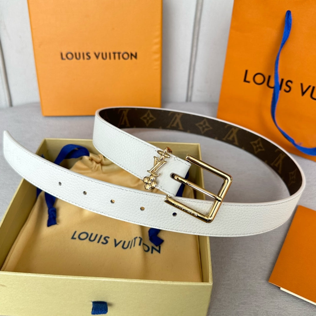 LV Bloom 30mm Belt Gold Buckle White Brown Leather - 30