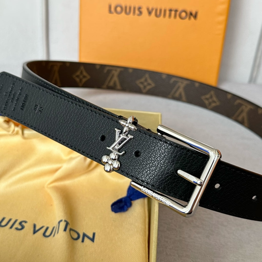 LV Bloom 30mm Belt Silver Buckle Black Brown Leather - 30