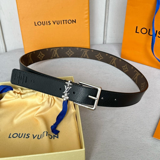 LV Bloom 30mm Belt Silver Buckle Black Brown Leather - 30