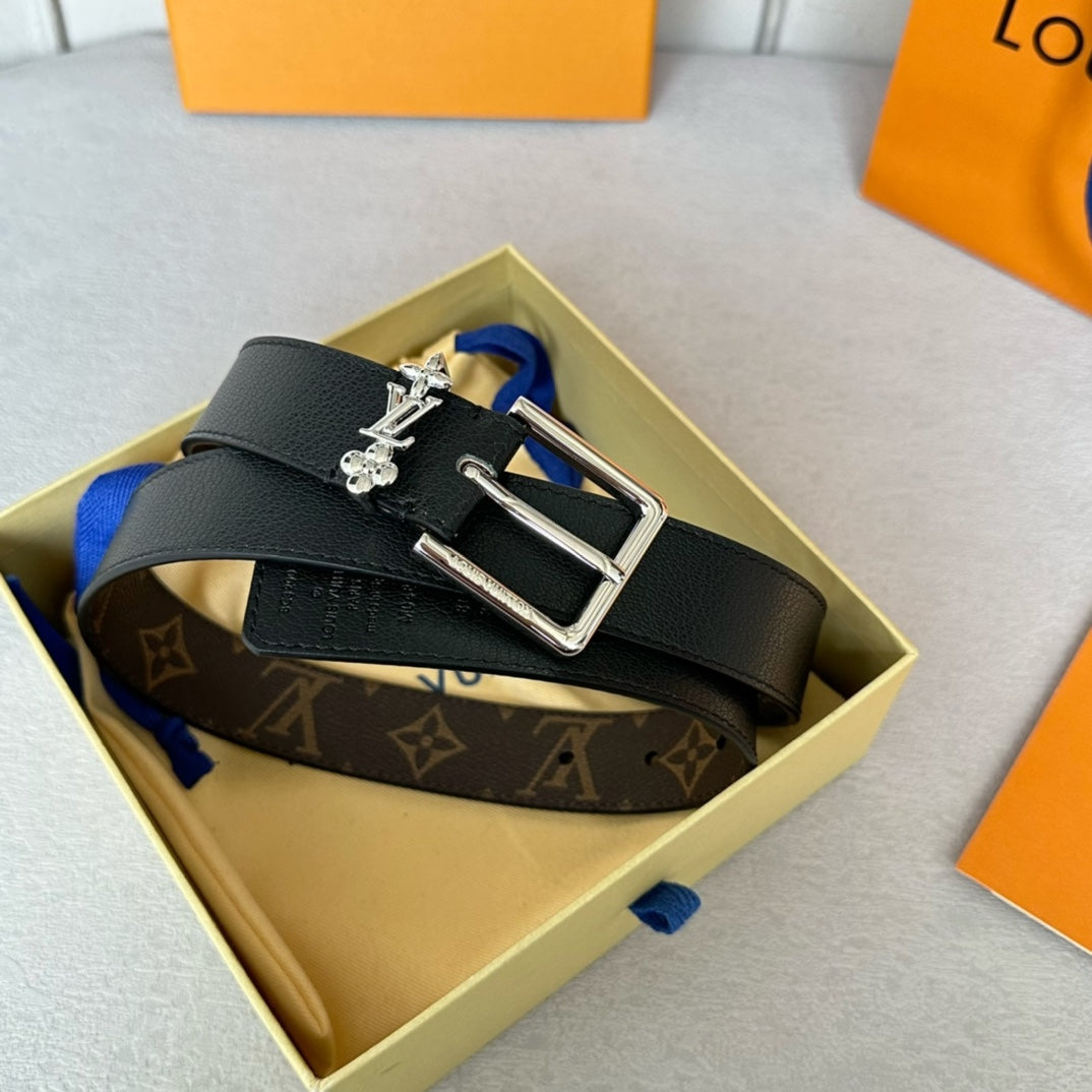 LV Bloom 30mm Belt Silver Buckle Black Brown Leather - 30