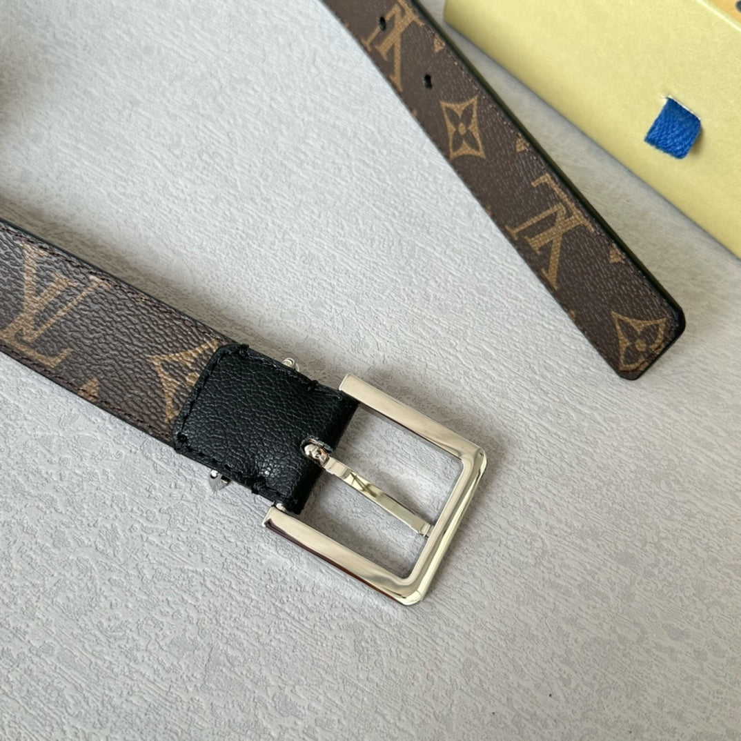 LV Bloom 30mm Belt Silver Buckle Black Brown Leather - 30