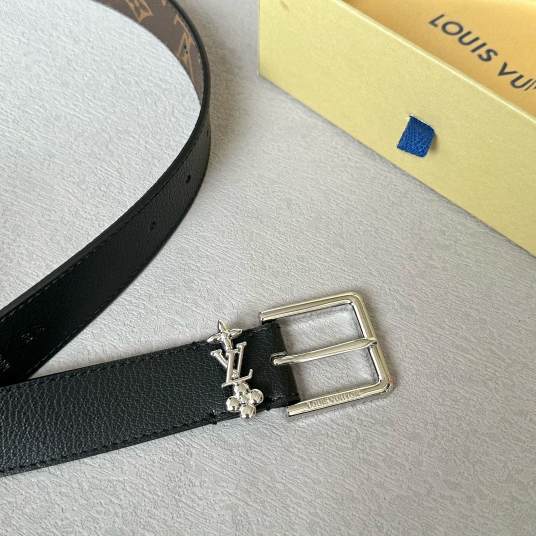 LV BLOOM 30MM BELT IN BLACK CALFSKIN SILVER HARDWARE - 30