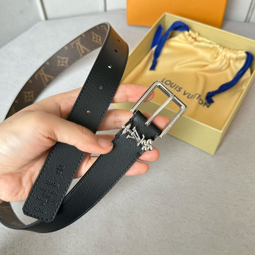 LV Bloom 30mm Belt Silver Buckle Black Brown Leather - 30
