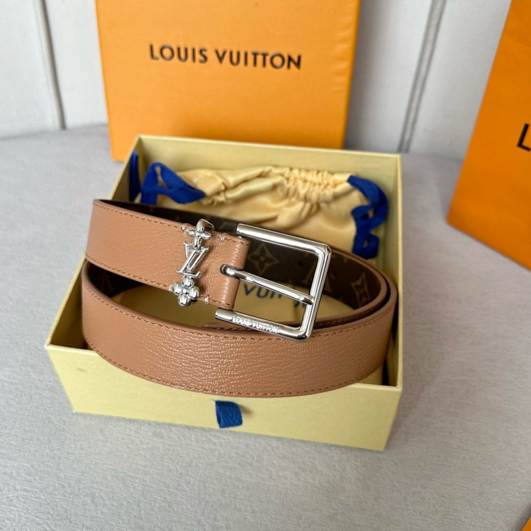 LV Bloom 30mm Belt Silver Buckle Beige Brown Leather - 30