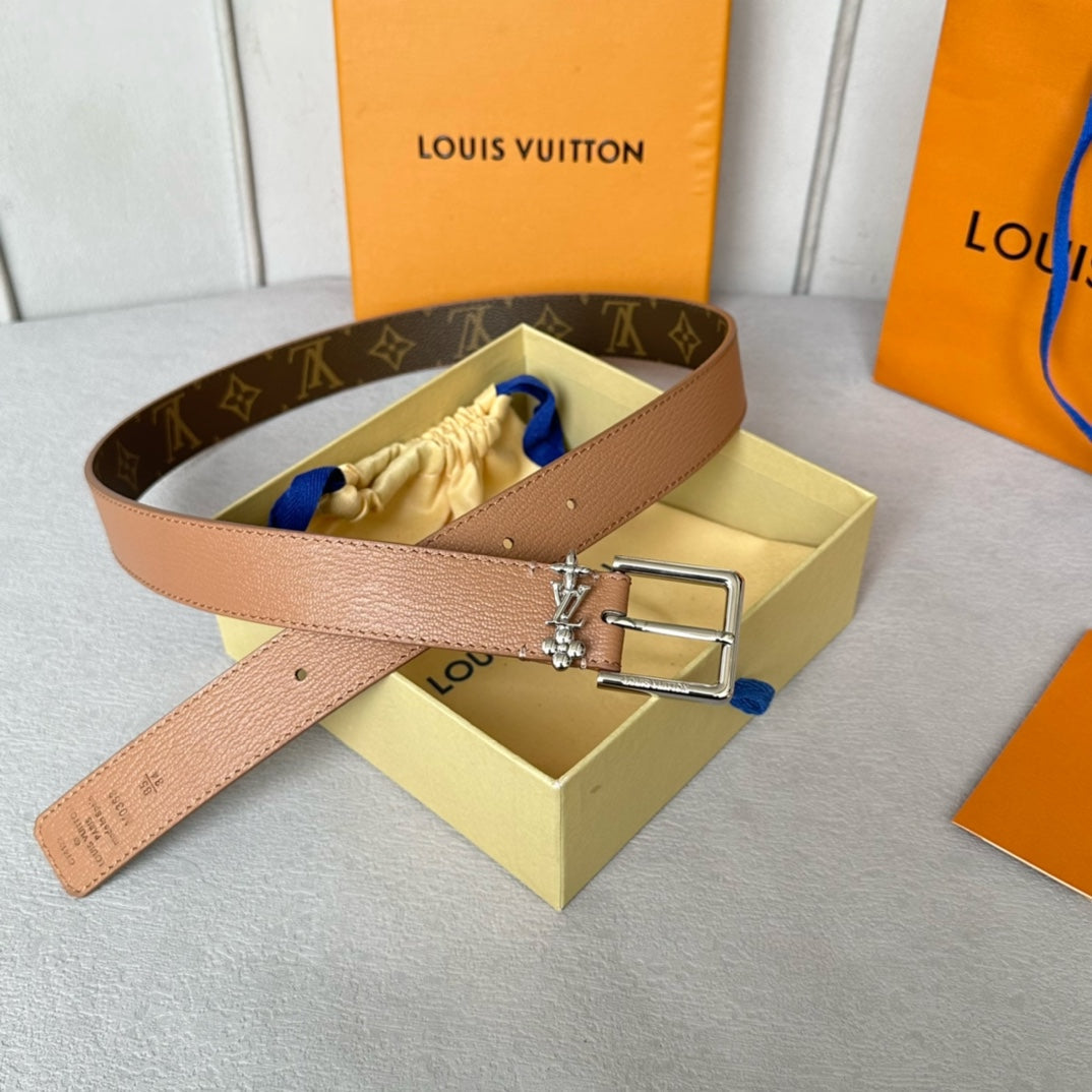 LV Bloom 30mm Belt Silver Buckle Beige Brown Leather - 30