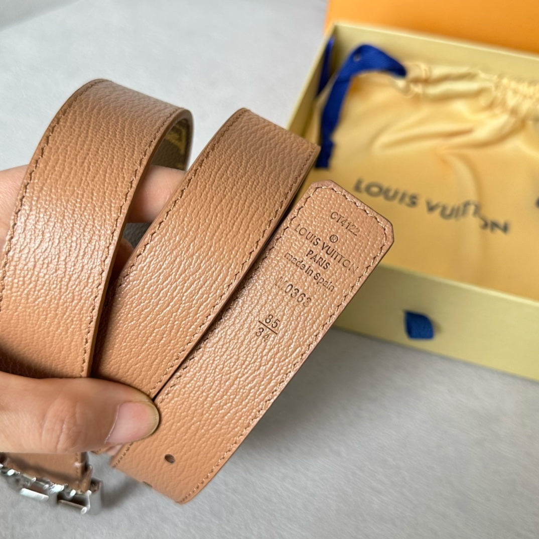 LV Bloom 30mm Belt Silver Buckle Beige Brown Leather - 30