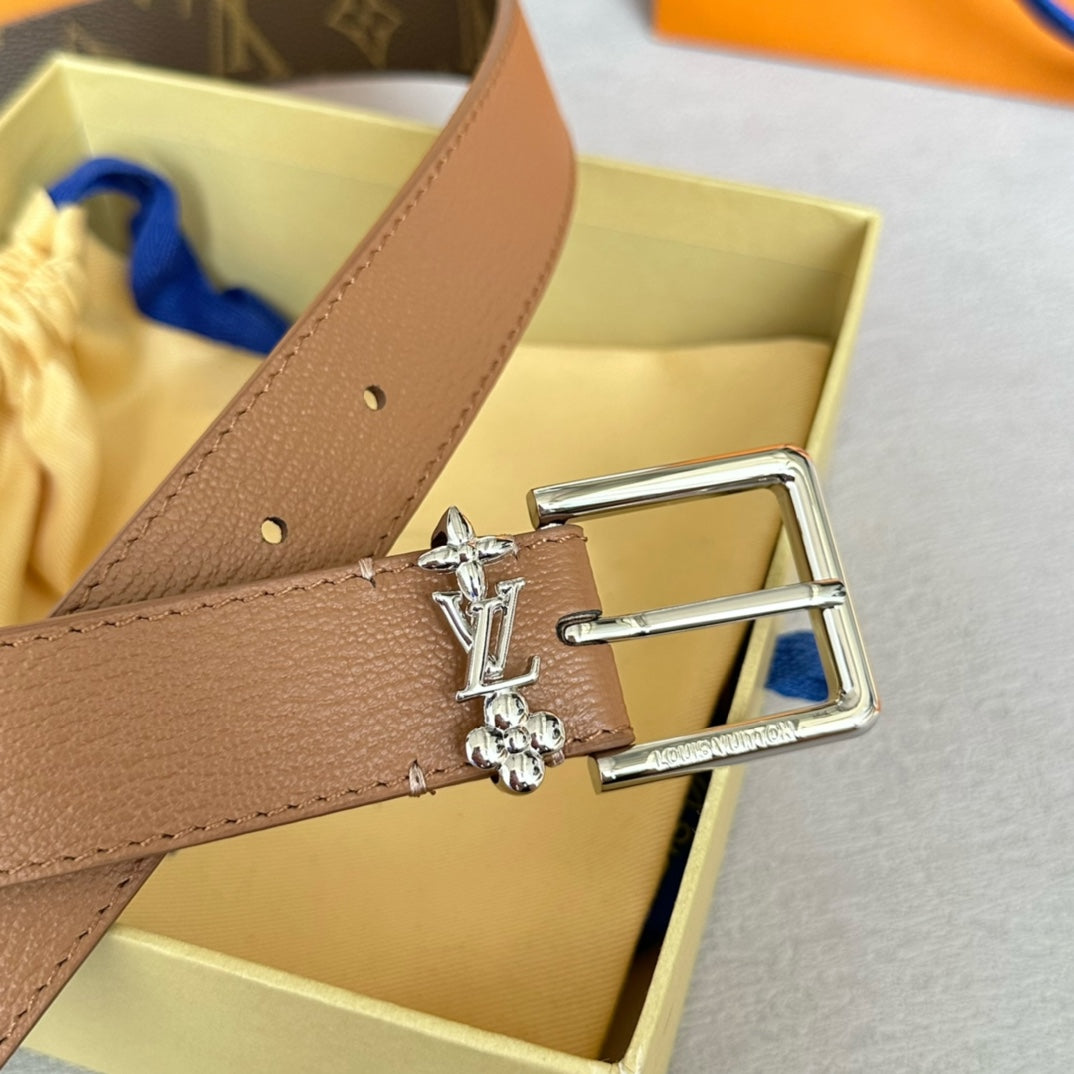 LV Bloom 30mm Belt Silver Buckle Beige Brown Leather - 30