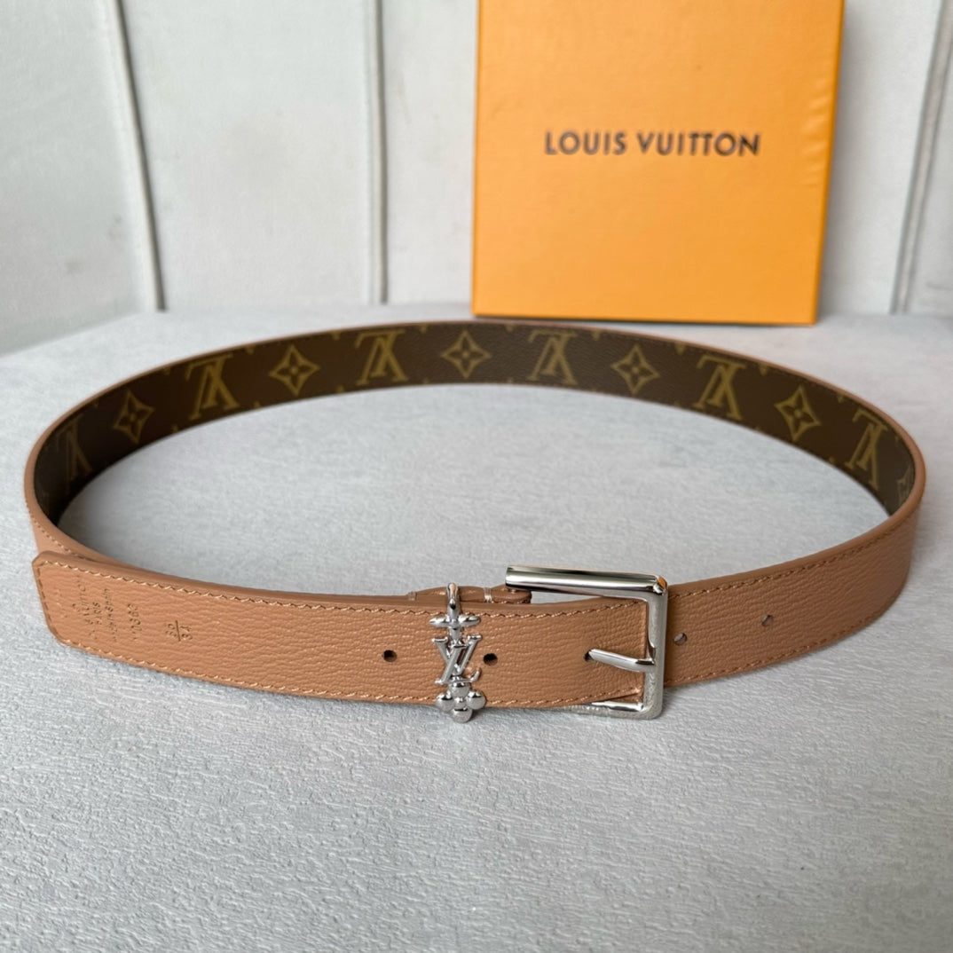 LV Bloom 30mm Belt Silver Buckle Beige Brown Leather - 30