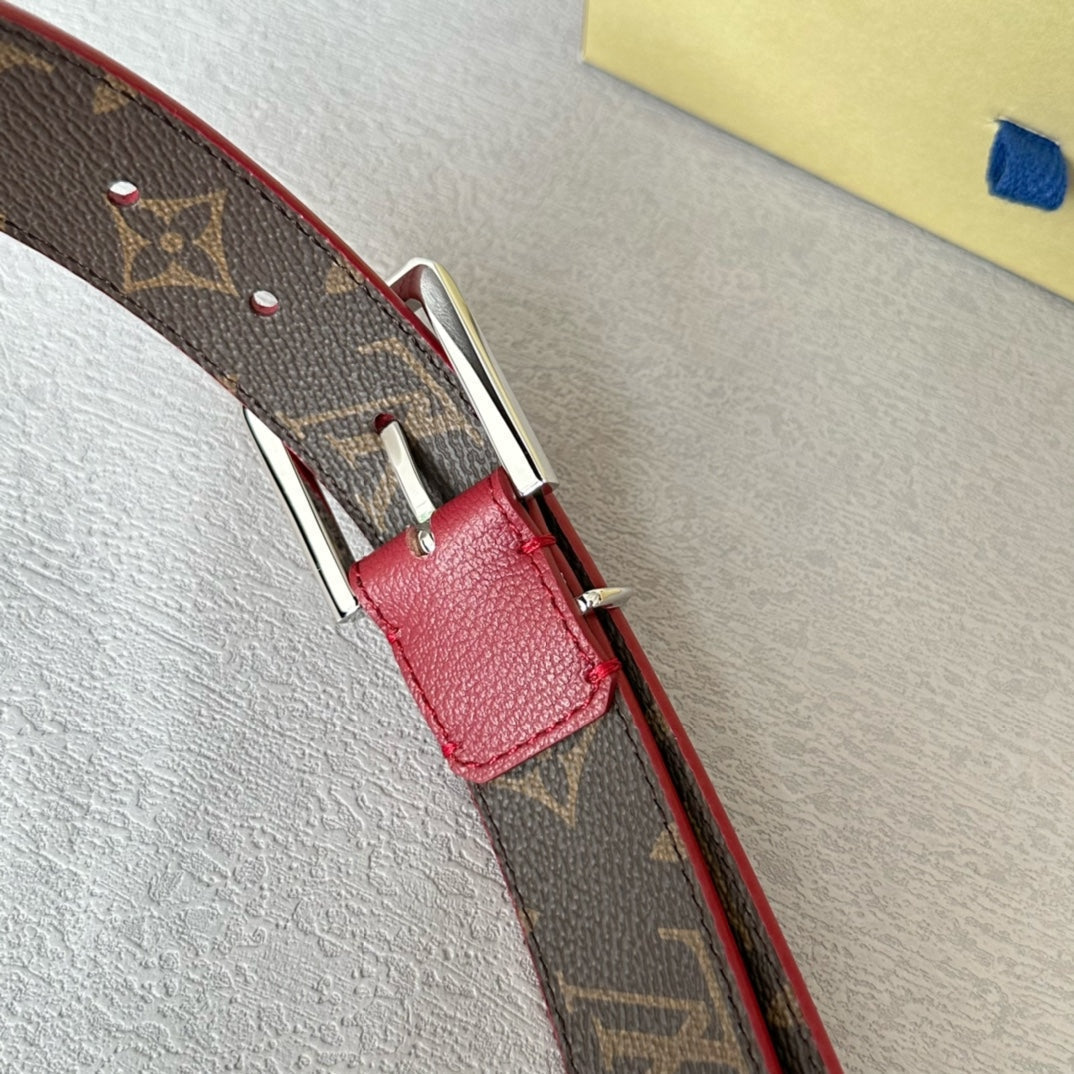 LV Bloom 30mm Belt Silver Buckle Burgundy Brown Leather - 30