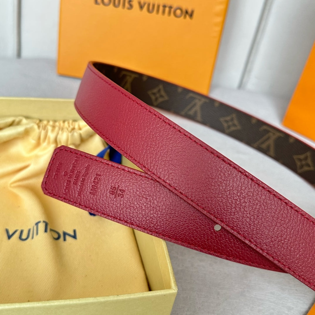 LV Bloom 30mm Belt Silver Buckle Burgundy Brown Leather - 30