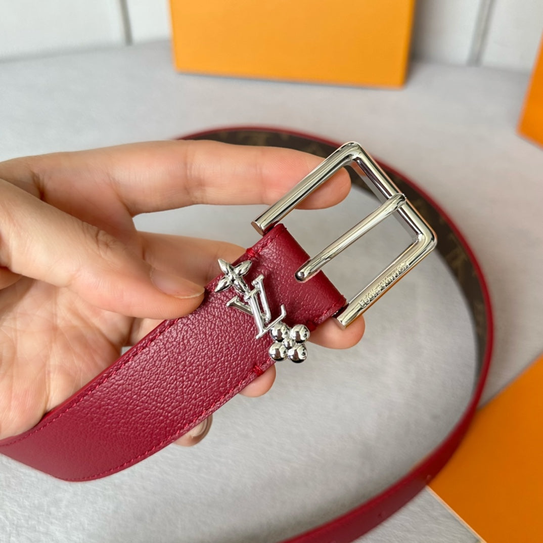 LV Bloom 30mm Belt Silver Buckle Burgundy Brown Leather - 30