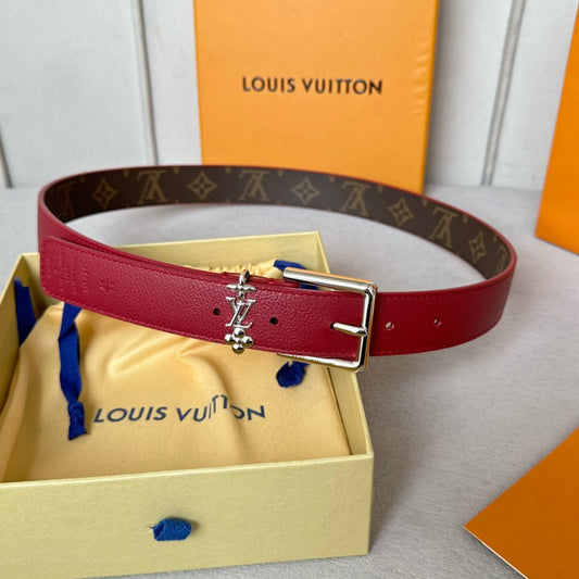 LV Bloom 30mm Belt Silver Buckle Burgundy Brown Leather - 30