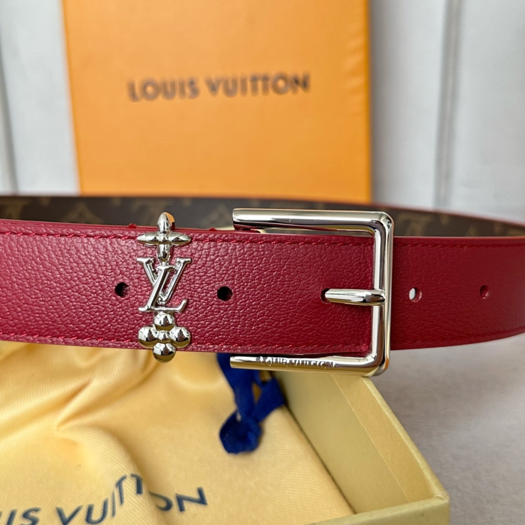 LV Bloom 30mm Belt Silver Buckle Burgundy Brown Leather - 30