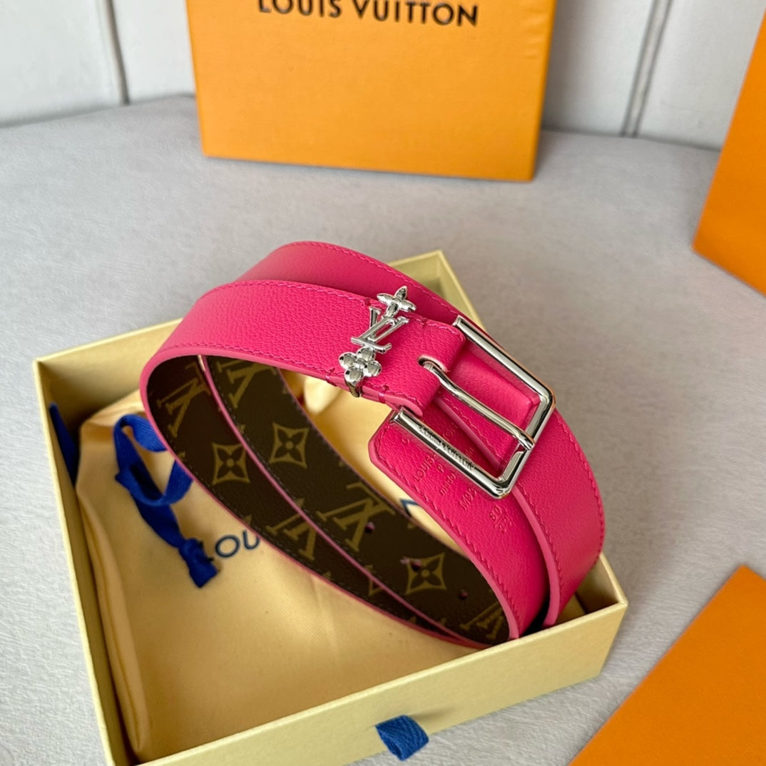 LV Bloom 30mm Belt Silver Buckle Hot Pink Brown Leather - 30