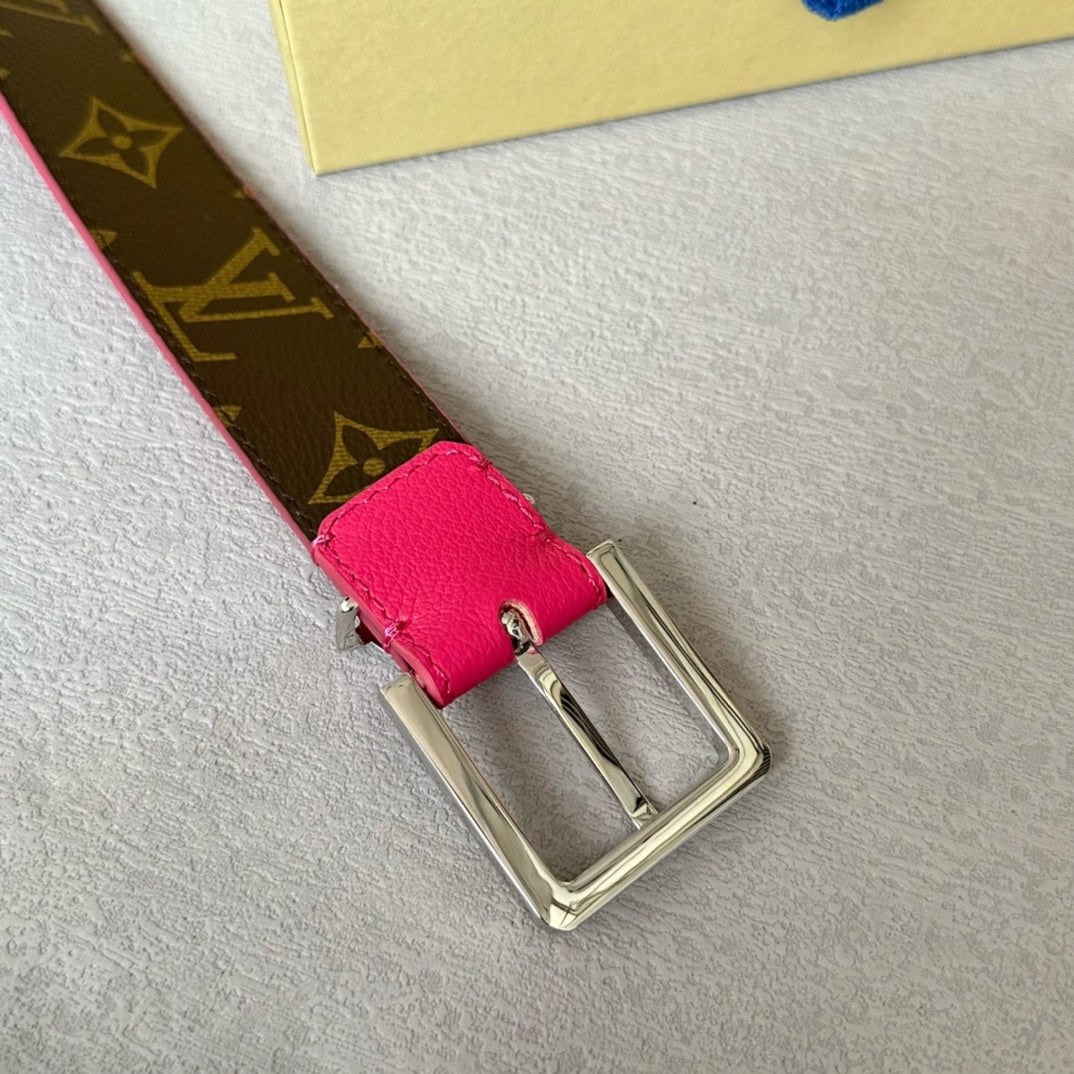 LV Bloom 30mm Belt Silver Buckle Hot Pink Brown Leather - 30