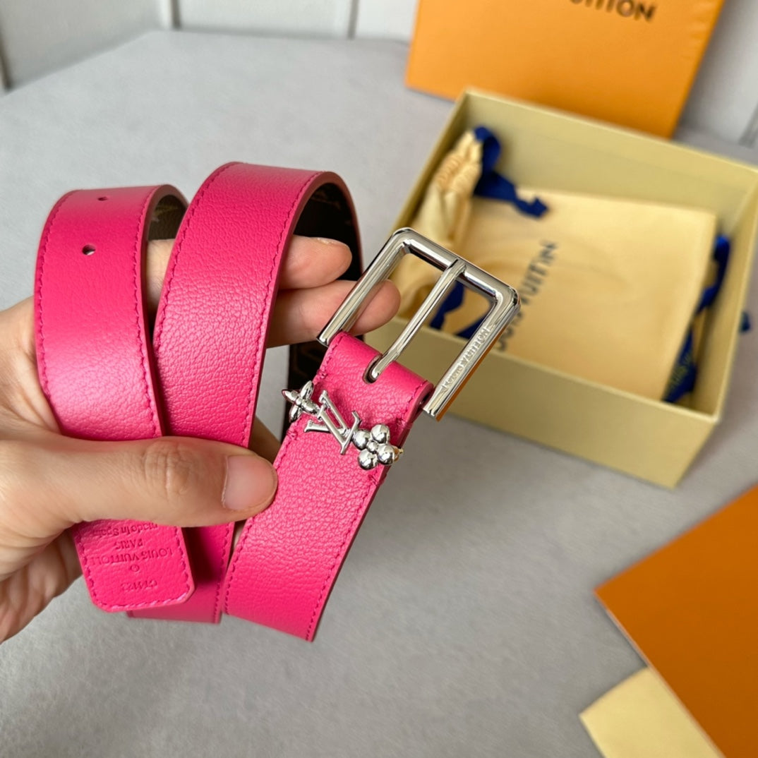 LV Bloom 30mm Belt Silver Buckle Hot Pink Brown Leather - 30