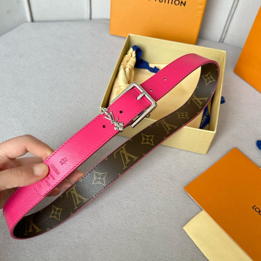LV Bloom 30mm Belt Silver Buckle Hot Pink Brown Leather - 30