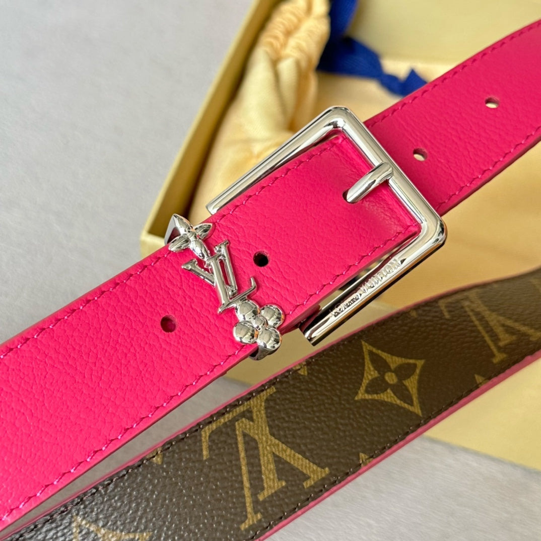 LV Bloom 30mm Belt Silver Buckle Hot Pink Brown Leather - 30
