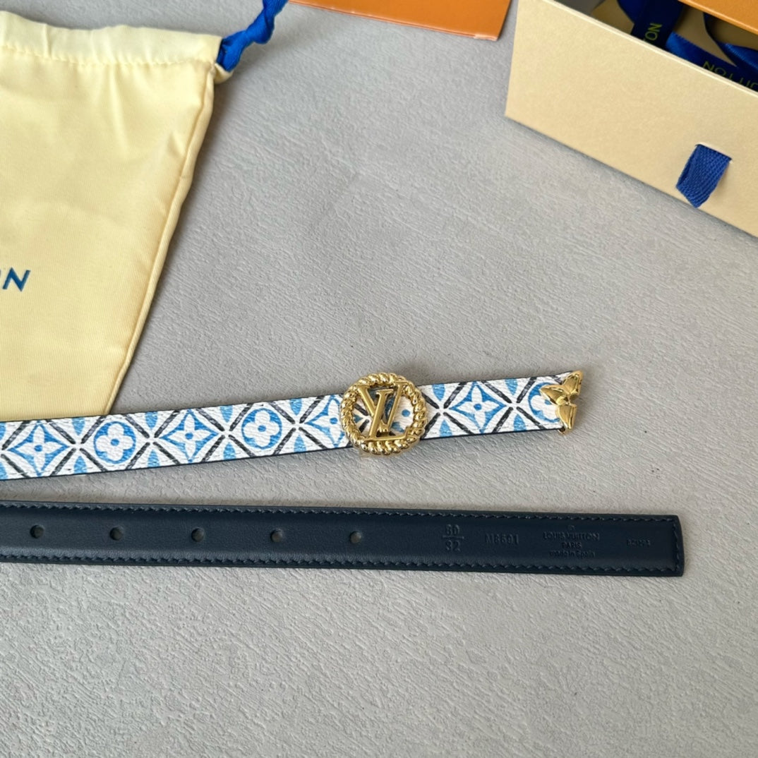 LV Circle Nautical 20mm Reversible Belt Gold Buckle Black White Blue Lambskin - 30